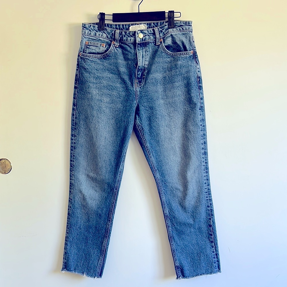 Topshop Straight Leg High Rise Raw Bottom Finish Blue Denim Jeans Waist 30 L